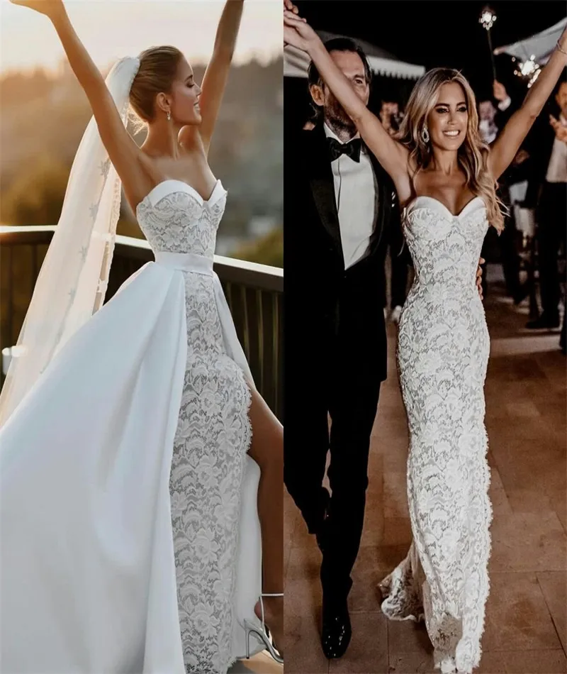 Detachable Train Mermaid Vestidos De Novia Appliques Vestido De Noiva Sweetheart Lace Up Wedding Dresses Lace Robe De Mariée