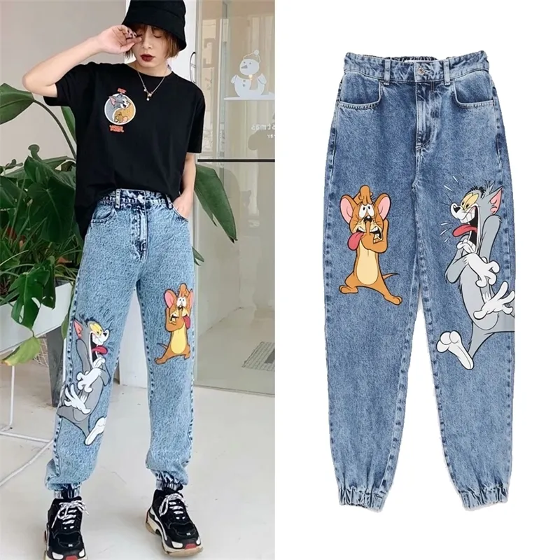 dessin animé impression Printemps Femmes Jeans Casual Lâche Taille Haute Denim Pantalon Pantalon Vintage Pantalon Calca Jeans Feminina 201029