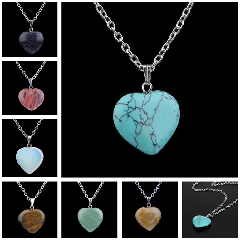 Senhoras Nova Pedra Heart-shaped Pingente Turquesa Cristal Pêssego Coração Natural Stone Colar DMWFN003 (com corrente) Ordem da mistura 20 peças muito