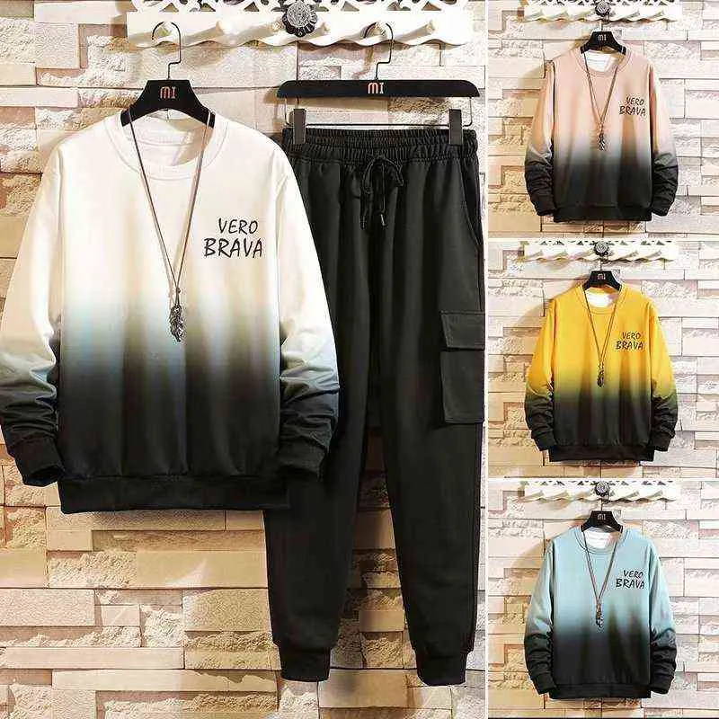 Printemps Automne Hommes Ensembles Kpop Style Streetwear Dégradé Pull à manches longues + Casual Taille Élastique Pantalon Solide Vêtements Pour Hommes G1222