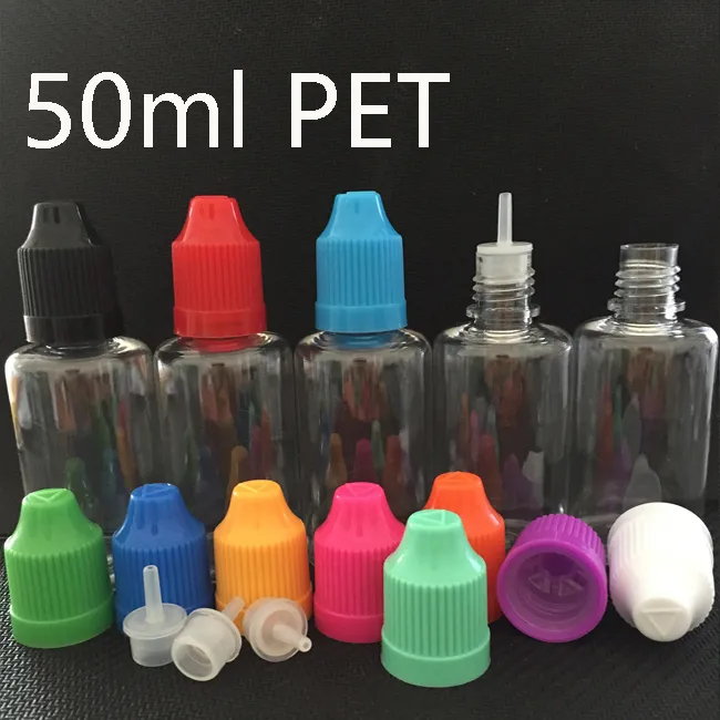 50 ml LDPE PET Juice Liquid Plastic Droper Bottle Tom Need Oil Burk Burk Container Lagring med färgglad barnsäker mössa
