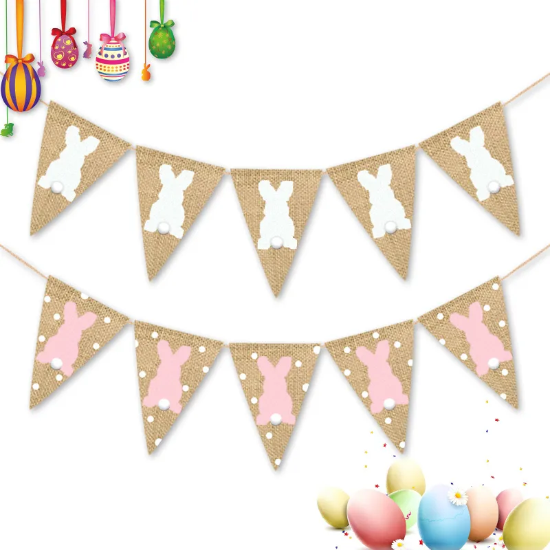Easter Flag Linen Triangular Hanging Banner Colored Rabbit Carrots Pull Flags Home Decor Layout EasterDecorations Party Decoration LLS609-WLL