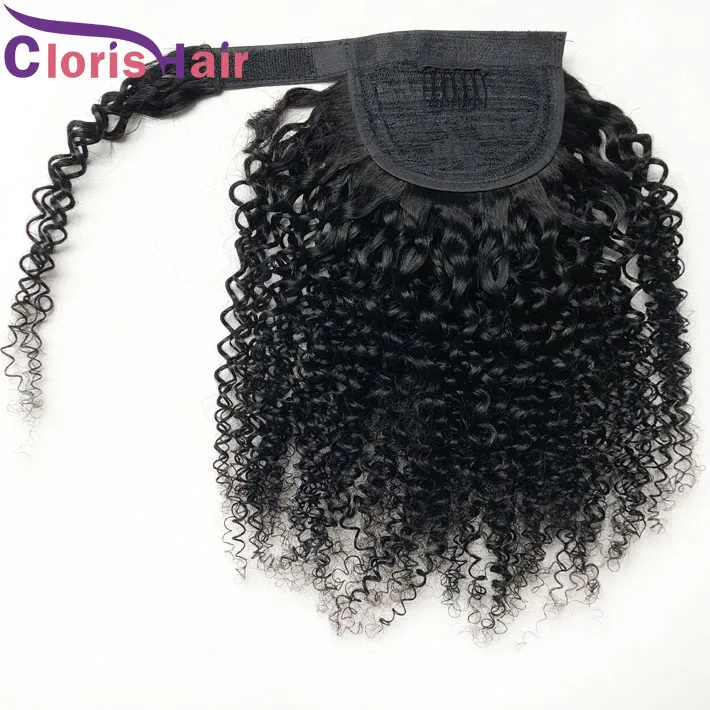 # 1b Kinky Curly Ponytail Extensions Clip Ins Real Human Hair Peruwiański Dziewiczy Wrap wokół Ponytails Dla Czarnych Kobiet Pełna Magiczna Wklejka Ponytail Hairpiece