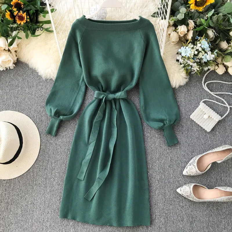 Yuoomuoo хорошее качество удобное элегантное вязаное свитер женское платье 2019 дамы бандитское платье вечеринка осень зеленое MIDI платье Vestidos Y0118