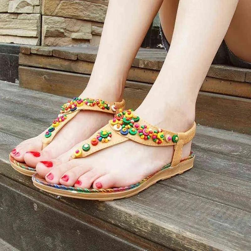 Богемский бисером национальный стиль клип нога еловка плоские сандалии плоский каблук женская обувь