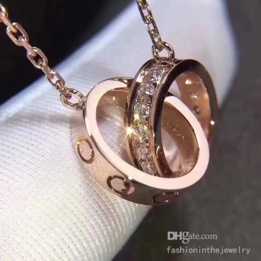 Lüks moda kolye tasarımcı mücevher partisi sterling gümüş çift yüzük elmas kolye gül altın kolyeler kadınlar için süslü elbise uzun zincirli mücevher hediyesi