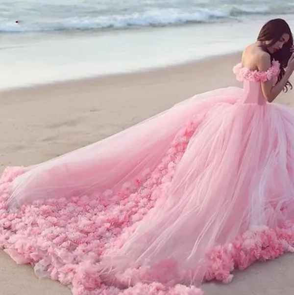 Geschwollene Ballkleid Quinceanera Kleider Prinzessin Aschenputtel rosa Brithday Prom Party Kleider von Schulter D Blumen Vestidos de Anos süßes Kleid