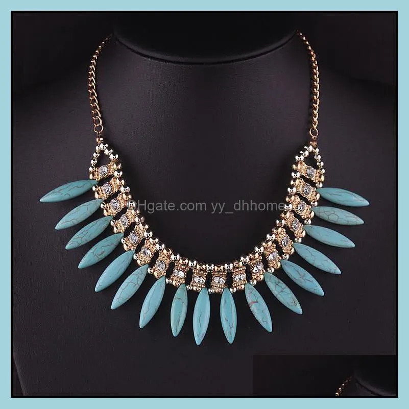 Pendant Necklaces & Pendants Jewelry Women Fashion Turquoise Necklace Bohemian Choker Chunky Statement Chain Rhinestone Fringe Bib Drop Deli