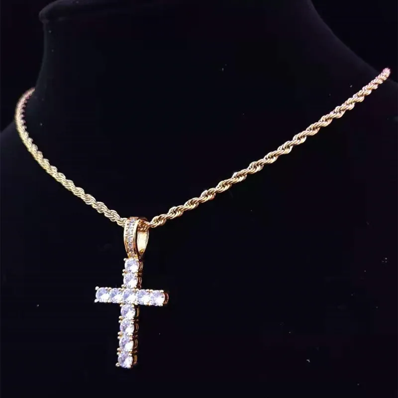 Colliers pendentifs hommes femmes Hip Hop collier croix avec chaîne de tennis en zircon de 4 mm glacé Bg HipHop bijoux cadeau de mode_voghion.com