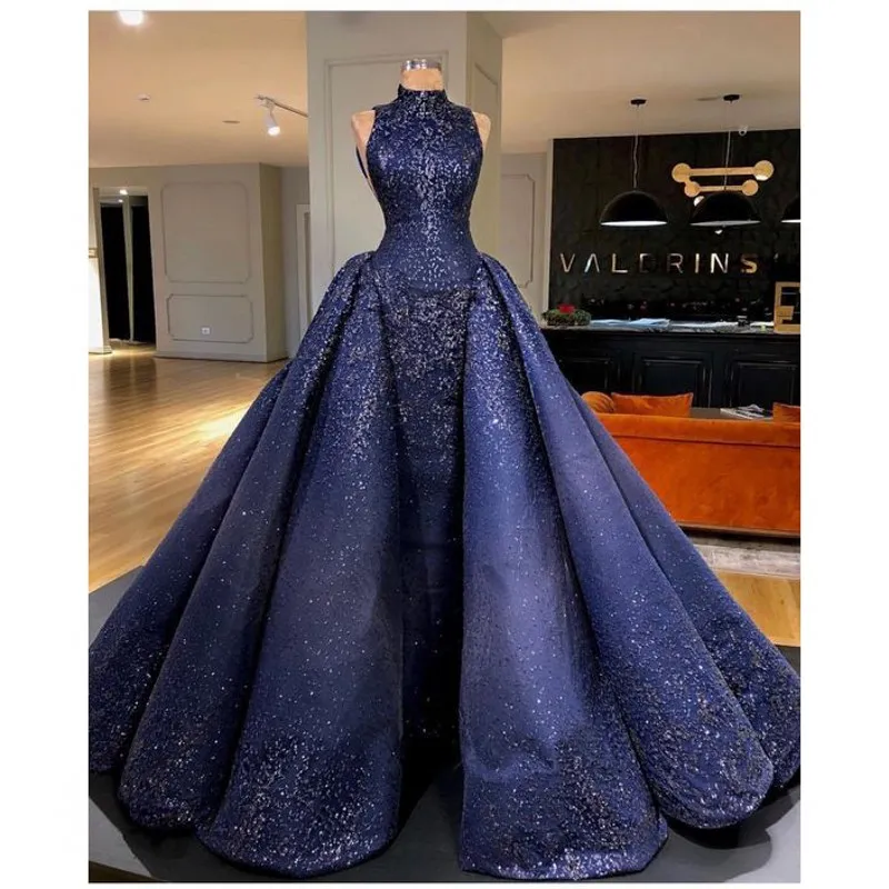Navy Blue High Neck A Line Evening Gown Sleeveless Prom Dress Fabric For Spring Summer 2021 Dubai Arabic Style Formal Party Robe De Soiree From Yate wedding 125.63 DHgate.Com