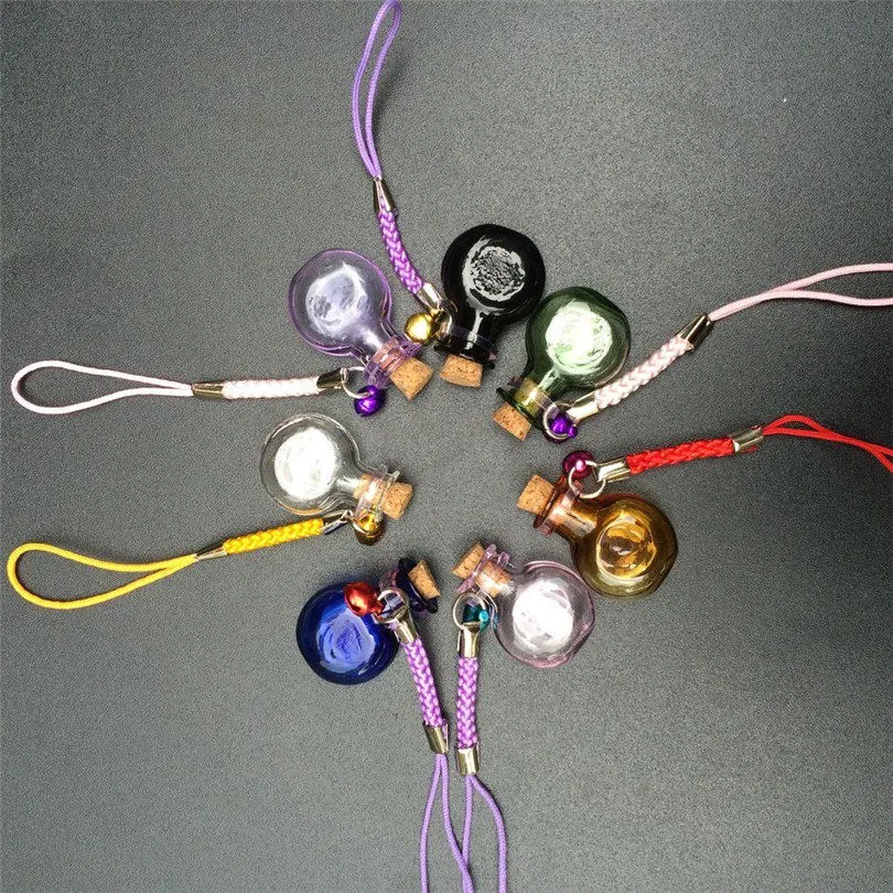 Small Glass Oblate Bottles with Mini Braided Nylon Rope Keychains Jars Pendants Mixed Color 7pcs