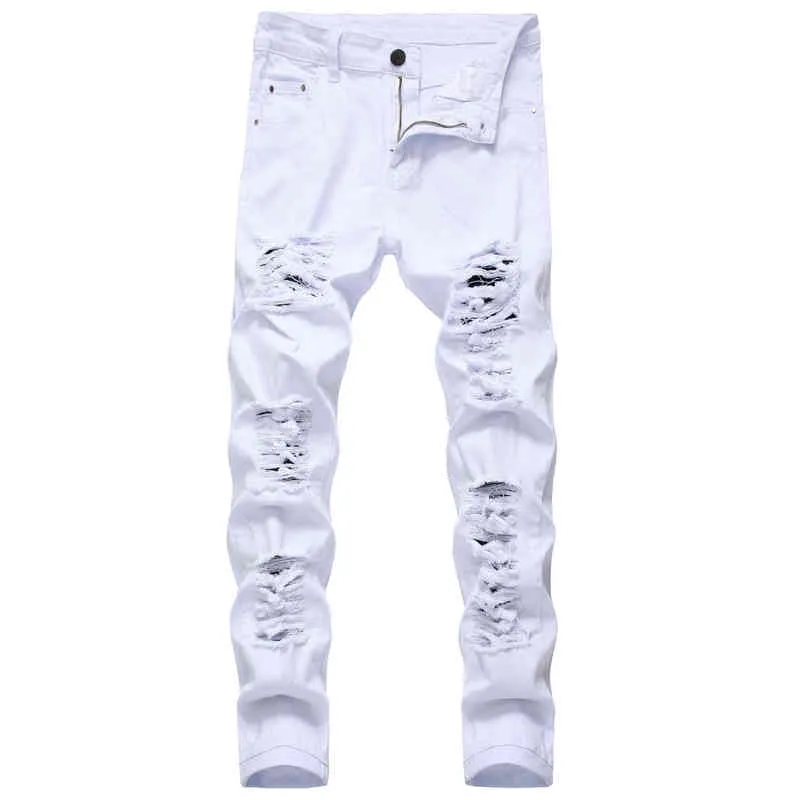 New Arrival Men's Cotton Ripped Hole Jeans Casual Slim Skinny White Jeans men Trousers Fashion Stretch hip hop Denim Pants Male G0104