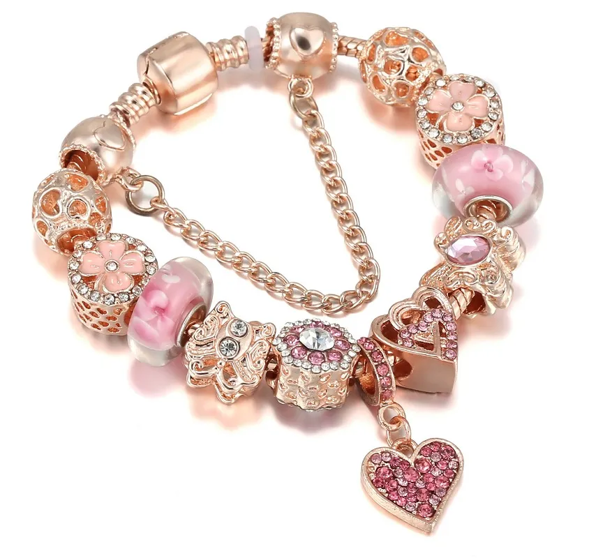 Top Quality Rose Gold Pink Silver Beads Cherry Red Heart Crystal Butterfly Flower Fits European Charms Bracelets Safety Chain Jewelry Diy Women