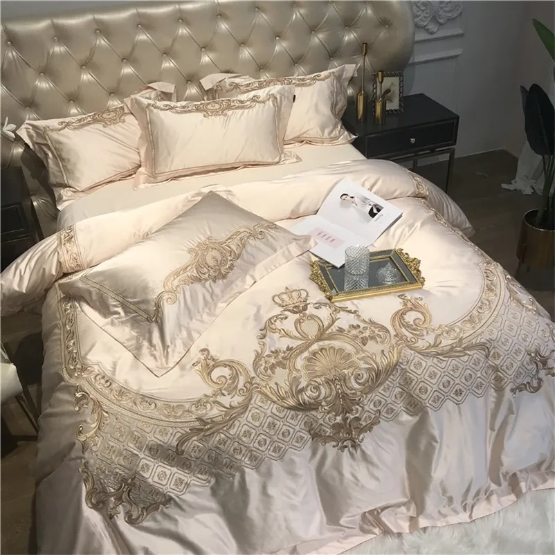 Champagne de luxo azul seda de algodão egípcio ouro bordado palácio europeu conjunto de cama de camas de edredão chapa de cama / linho fronhas 201021