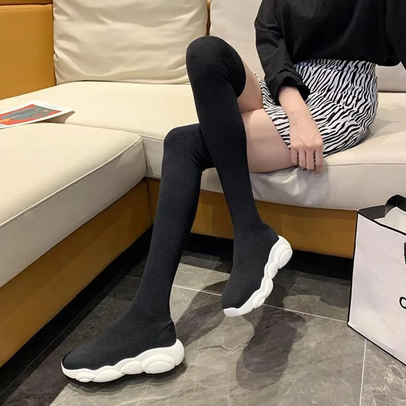 2020 High Quality Stretch Fabric Slip On Platform Flat Knee High