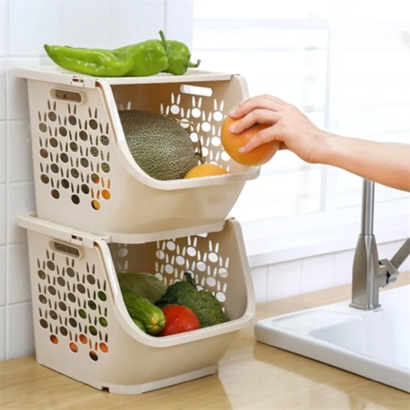 WBBOOMING Plastic Multi-functional Storage Basket Kitchen Bathroom Storage Bag Hollow Vegetables Fruit Racks with Cover 201022