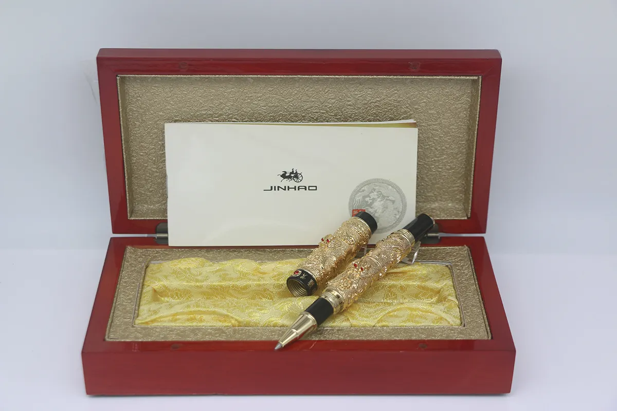 Jinhao Gold-Black Color Unique Double Dragon Emprosment Metal Roller Pen Stationery School Office Supplies för bästa gåva med hög kvalitet