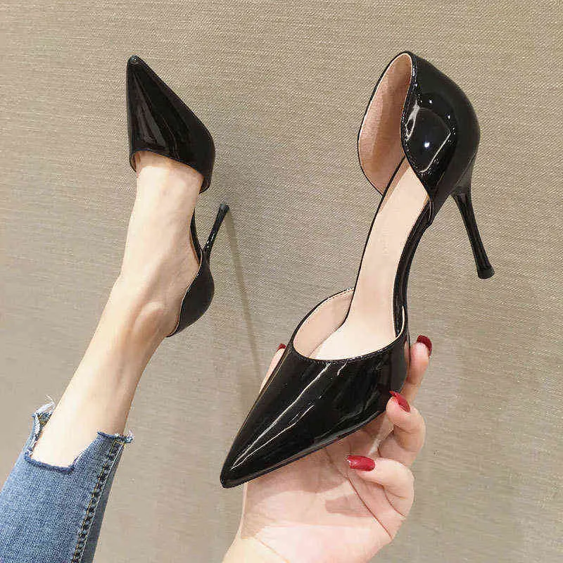 Dress Shoes Designer Women Sexy High Heels Hollow Patent Leather Black Nude Shallow Mouth Heeled Sandals Summer 220224