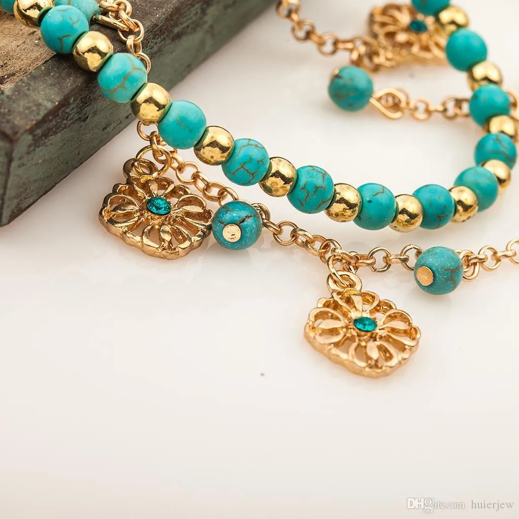 Boho Vintage Turquoeses男性の花の手ペンダントチャームブレスレットバングルファッションジュエリーボヘミアブレスレットグリーンブレスレット