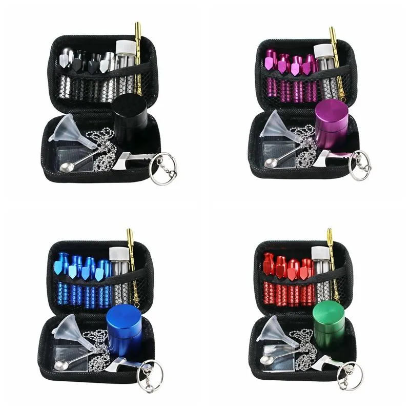 11pc/set Portable Tobacco Bag Sets Cigarette storage kits Metal bullet snuff bottles Filter Cup Glass fume tank Smoking set