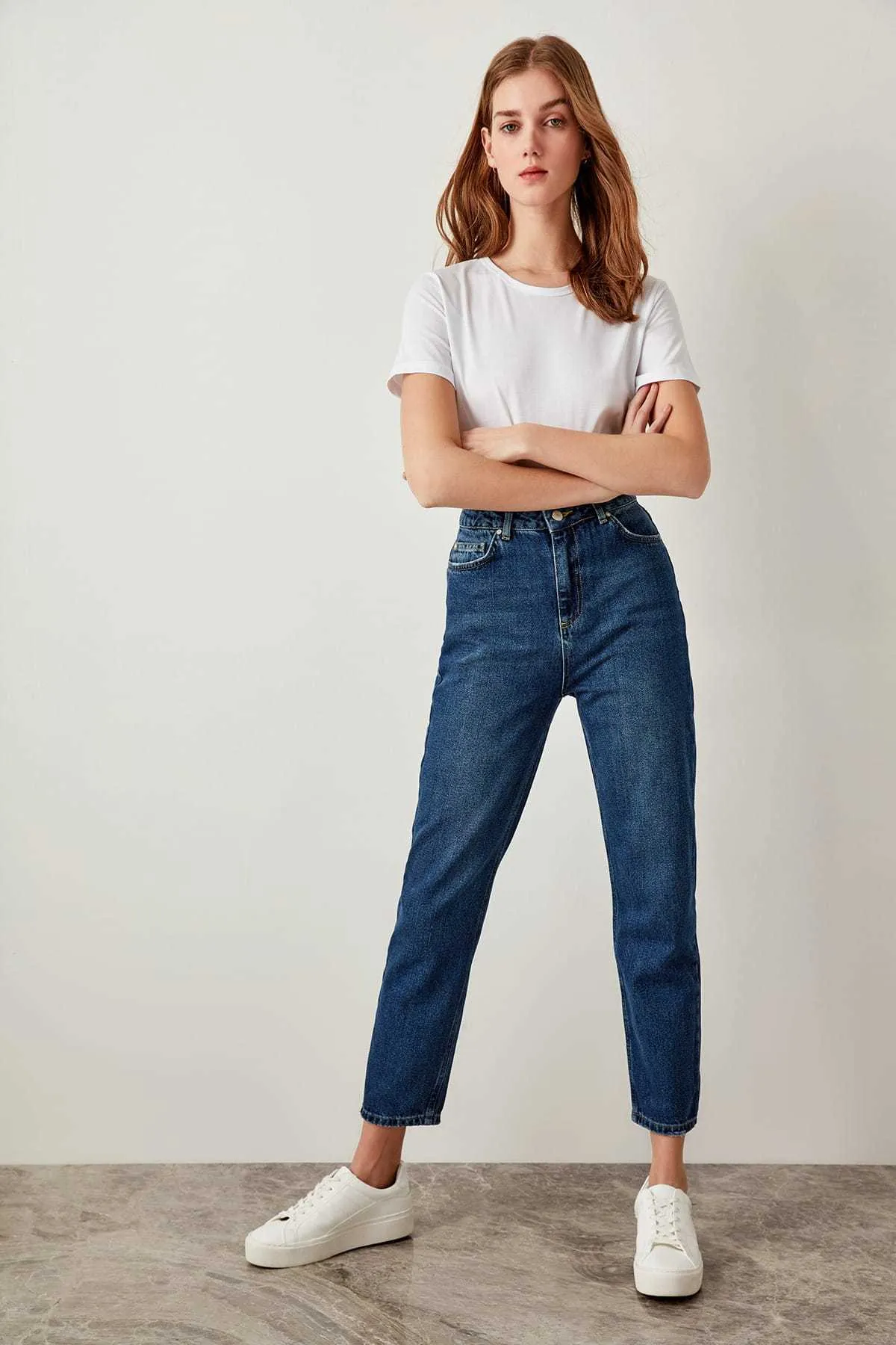 Trendyol Blue High Taille Mom 80s Jeans Casual Straight-LED Denim voor Dames T200103