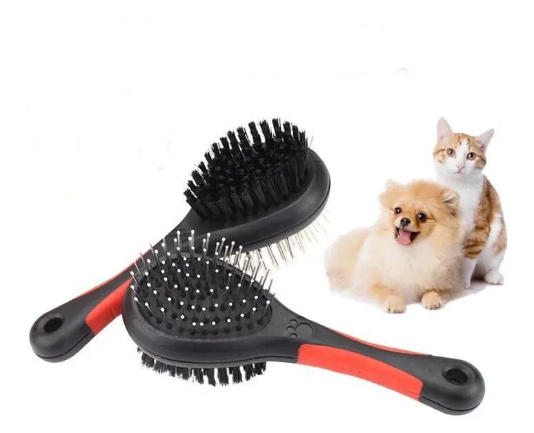 Hund grooming tvåsidiga hundar hårborste dubbel sida husdjur katt grooming-borstar rakes verktyg plast massage kam med nål sn3244