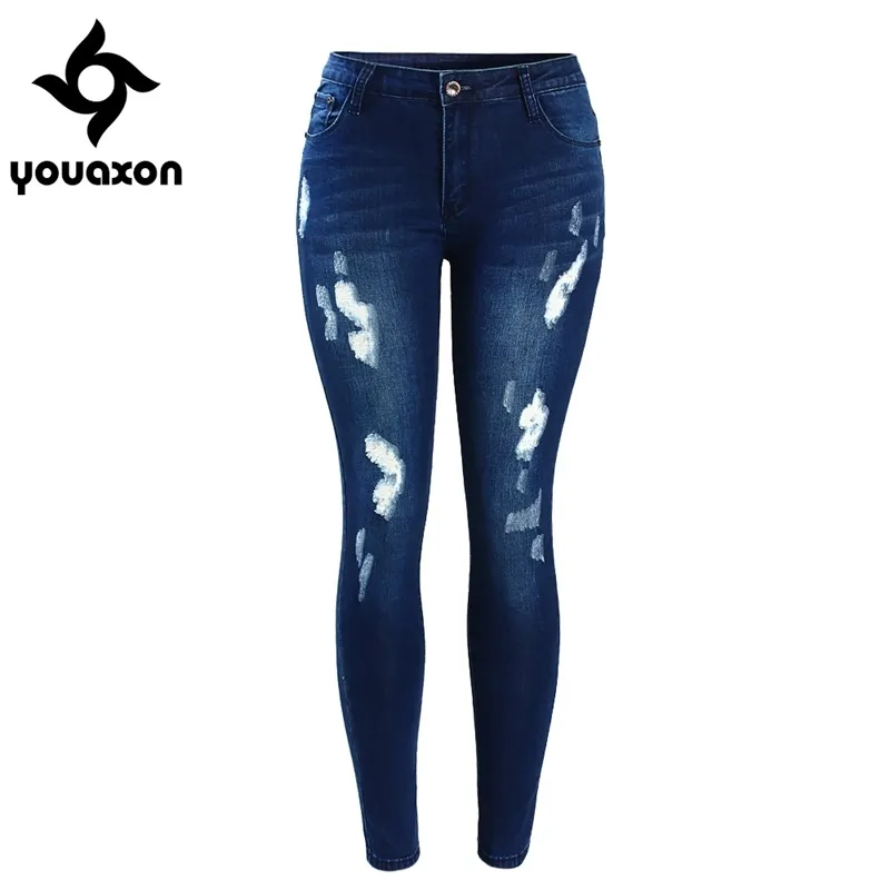 2053 youaxon mulheres moda mid cintura estiramento desbotando azul rasgado slim denim calças jeans para mulheres 201030