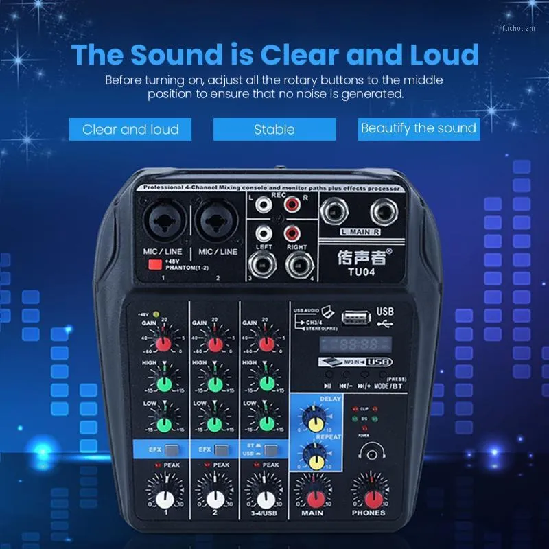 Professionele 4 kanalen Audio Mixer DJ Geluid Mixing Console Externe geluidskaart voor computer Audio-interface 48v Phantom Power1
