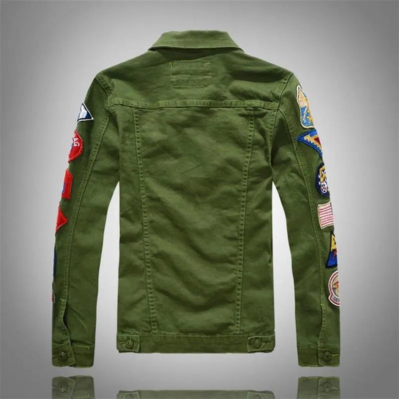 DHgate Mens Denim Jacket with Patches Slim Fit Jean Jacket for Men Green and White Turn Down Collar Coat Apparel