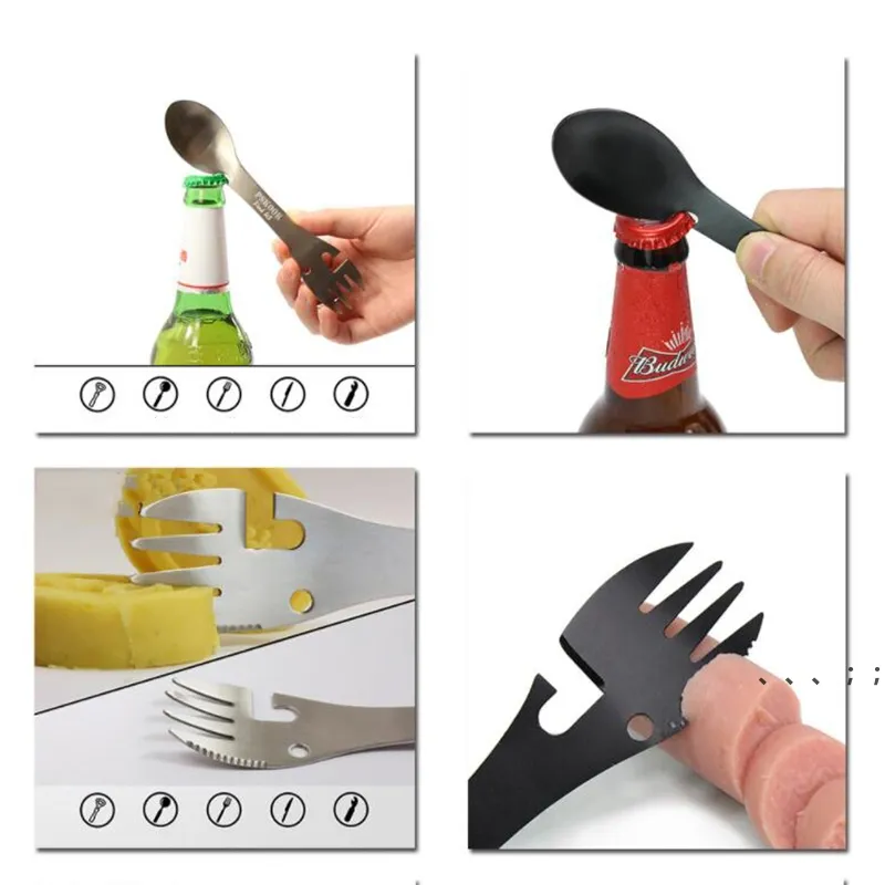 NEW5 In 1 Multifunctional Tableware Portable Stainless Steel Spoon Household Beer Bottle Opener Can Opener RRF13186