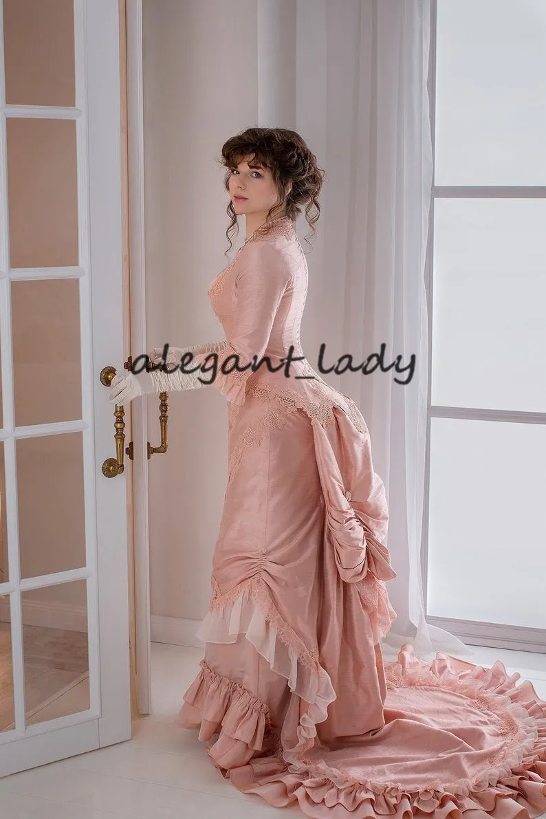 Peach Pink Gothic Prom Occasion Dress with Lace-up Corset Bustle Skirt and  Long Sleeves from Dhgate Prom Dresses - price 154.04