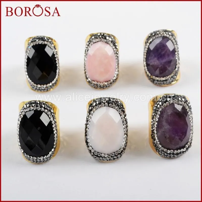 Ringos de cluster Borosa 5/6pcs oval natural de pedra facetada multi-beia para mulheres Ringue de shinestone Pavimento preto Anel de cristal druzoso jab9371