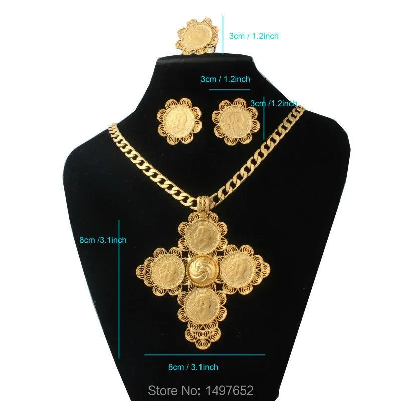 أقراط قلادة Est الإثيوبية مقاس كبير 4 قطع مجموعات مجوهرات متقاطعة لون ذهبي زفاف أفريقي عصري للنساء