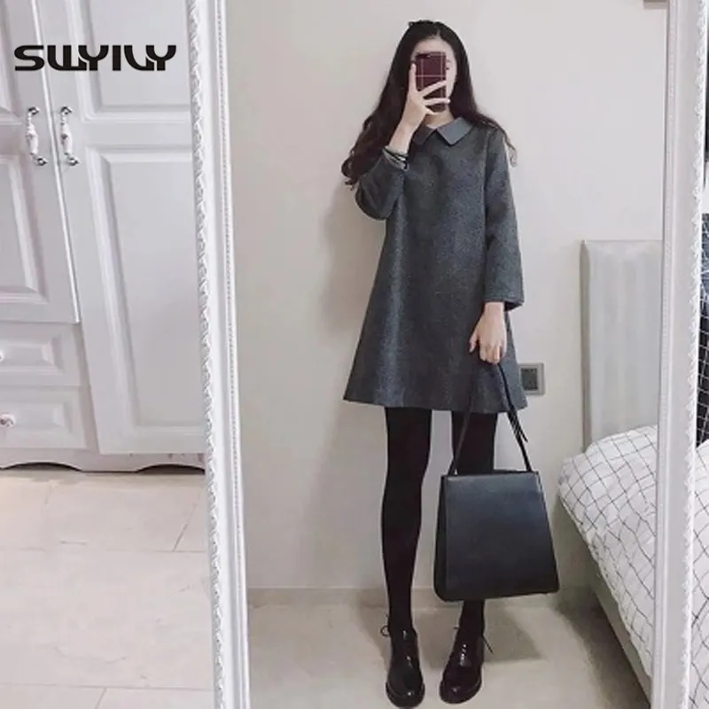 SWYIVY Woman Dresses Thick Warm 2019 Spring Autumn New Female Casual Knee Length Solid S-XL Size Woman Dresses Long Sleeve Grey