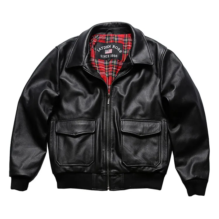 Black Genuine Leather G1 Bomber Jacket with Zipper Closure and