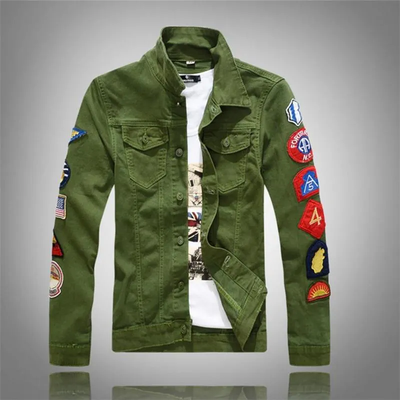 DHgate Mens Denim Jacket with Patches Slim Fit Jean Jacket for Men Green and White Turn Down Collar Coat Apparel