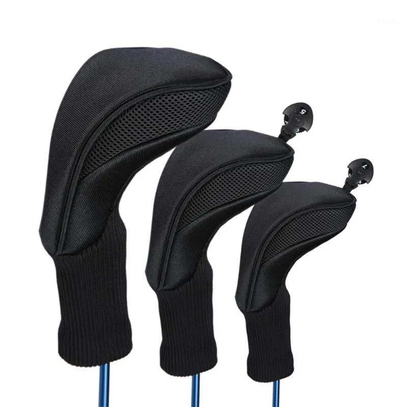 Club Heads 3Pcs Black Golf Head Covers Driver 1 3 5 Fairway Wood Headcovers Long Neck Knit Protective Cover Accessories1