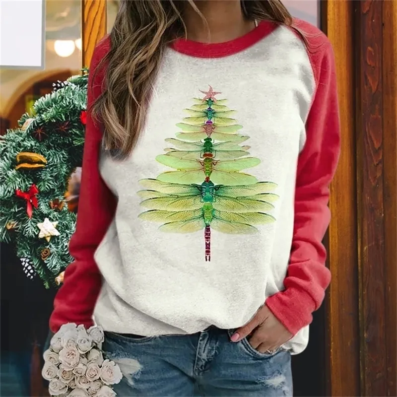 Libellule Arbre de Noël Imprimer Sweat-shirt à manches longues Casual Top Femmes A66 201211