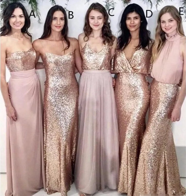 Niet-overeenkomen Bruidsmeisje Jurken Strand Bruiloft met Rose Gold Sequin Top Chiffon Rok Bruiloft Maid of Honour Gowns Women Party Formal Wear