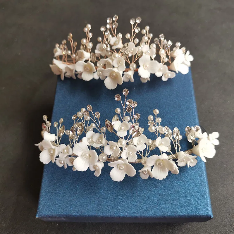 Slbridal handgemaakte luxe kristal steentjes parels ceram bloem bruids tiara bruiloft bruidsmeisjes partij kroon vrouwen haar sieraden J0113