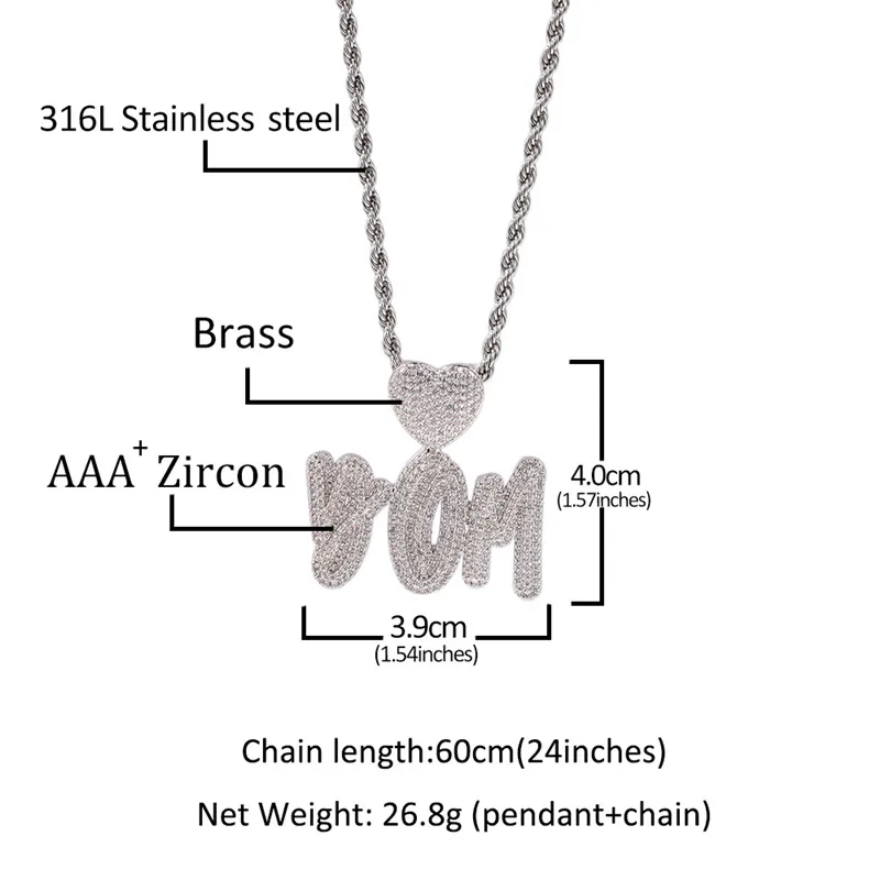 DIY Custome Name Letter Necklace Gold Plated Bling Iced Out CZ Heart Cursive Letter Pendant Halsband med repkedja för män 2489