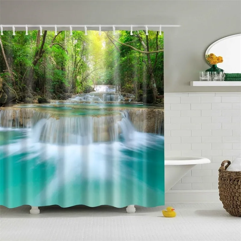 Forêt de rideau de bain 3D pour salle de bain rideau plante verte plage rideau de douche longue 180 * 200cm LJ201130