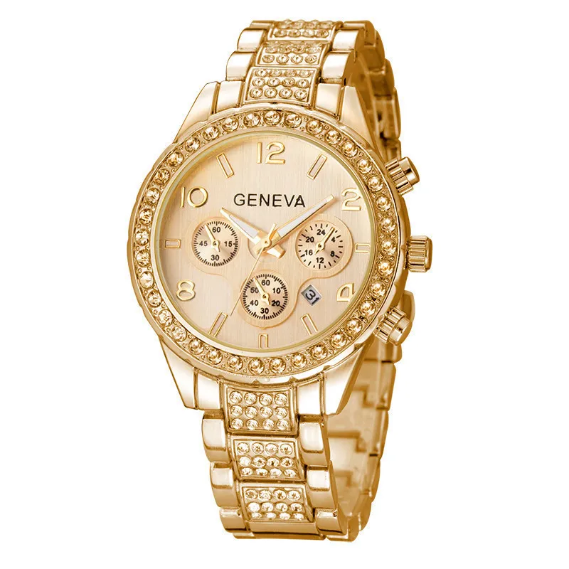 Geneva Quartz Womens Watch Cego Cristal Mulheres Relógios Gold Dimaond Senhoras De Aço Inoxidável Vestido Relógios Data Analógico relógio de pulso 201119