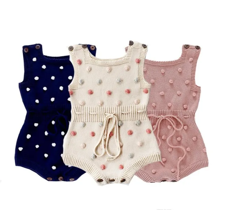 Mode-Infantile Bébé Tricoté Barboteuses Dot Imprimé Sans Manches Solide Laine Combinaison Taille Élastique Enfant Onesies Filles Vêtements