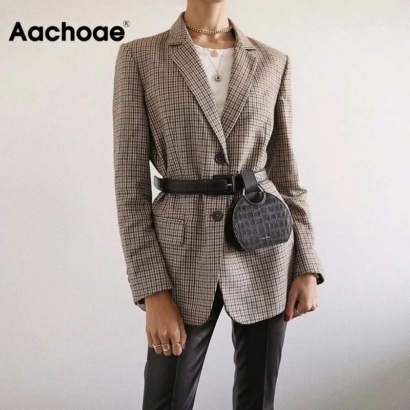 Aachoae Office Ladies Plaid Blazer Long Sleeve Loose Houndstooth Suit Coat Jacket Women Single Breasted Blazers Female 201201