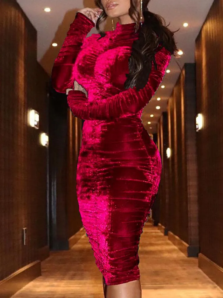 red high neck split sleeve velvet draped midi dress One Shoulder Red Velvet Ruched Sheath Formal Dresses with Split