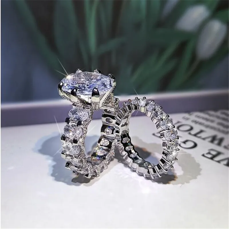 2021 Nouveau Sparkling Hot Vente Bijoux Couple Anneaux Grand Ovale Coupe Blanc Topaze CZ Diamant Pierres Précieuses Femmes Mariage Bague De Mariée Ensemble Cadeau