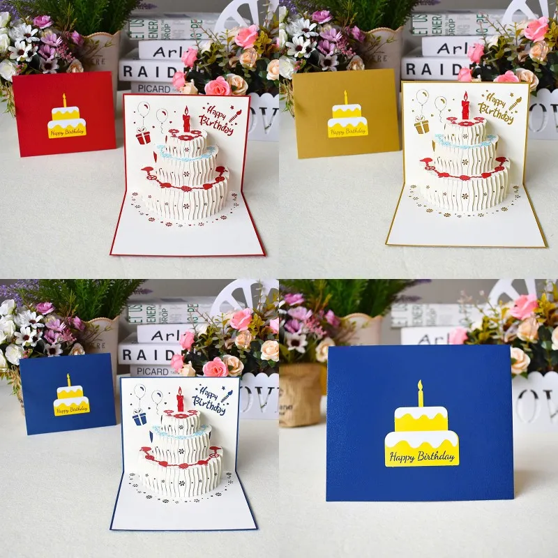 3D Pop Up Happy Birthday Greating Cards Laser Cut Fruit Cake Shaped Postcards Gift Card med kuvertklistermärken