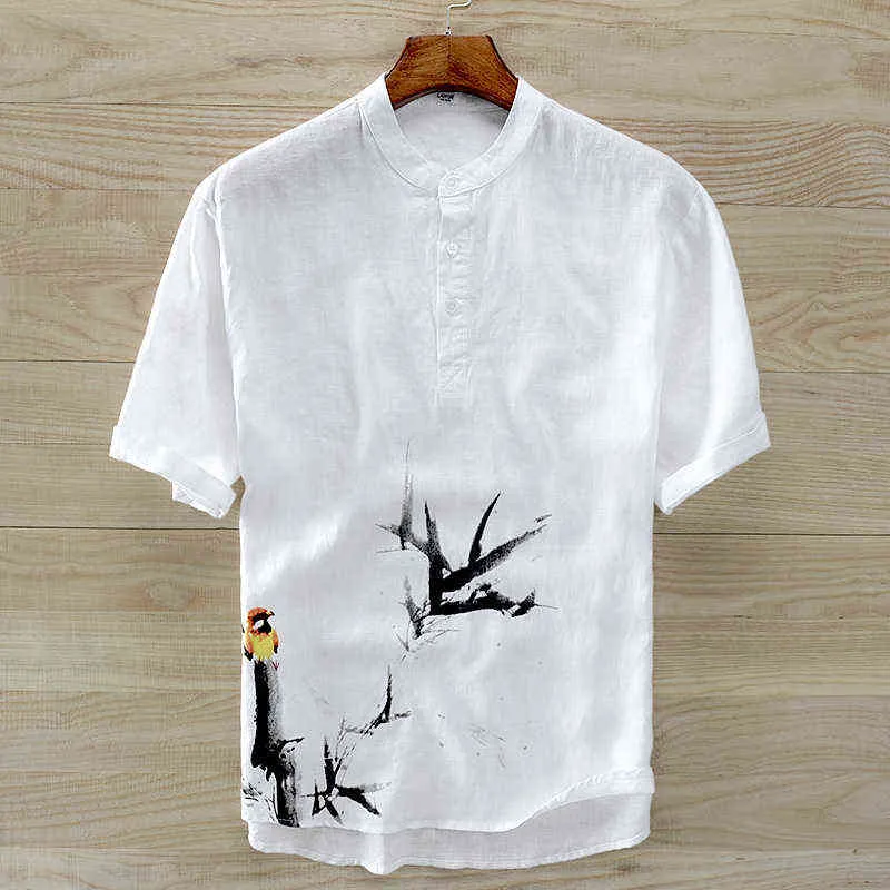 Stand Collar Short-Sleeved Pure Linen Shirt Men Chinese Ink Painting Print Flax White Shirts For Men Camisa Masculina Chemise G0105