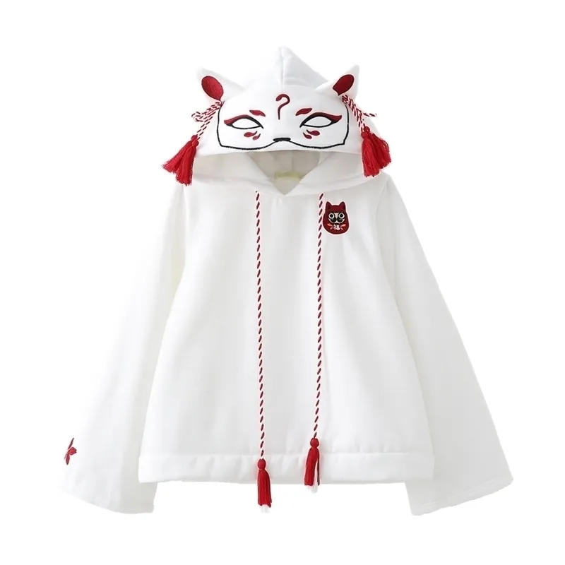 Japanese Retro 3D Fox Ear Embroidery Hoodie Cartoon Anime Girls Kawaii Hooded Pullover Hoodies Sweatshirt Harajuku Coat 201202
